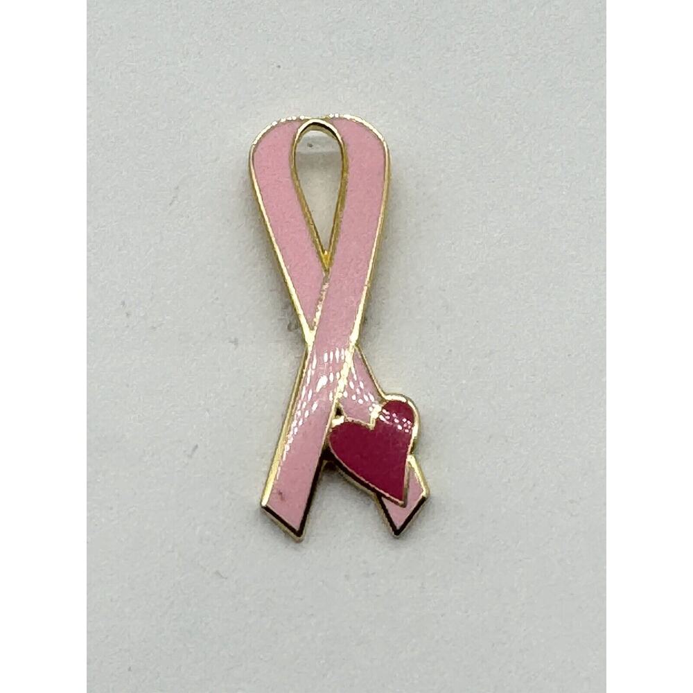 Pink Awareness Ribbon Breast Cancer W/ Red Heart Lapel Pin